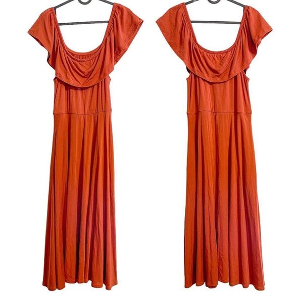 Reformation Off The Shoulder Midi Dress in Red Orange - Picture 5 of 8